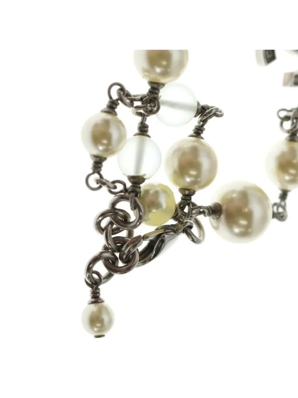 Chanel CC Logo Faux Pearl Rhinestone Long Necklace Silver